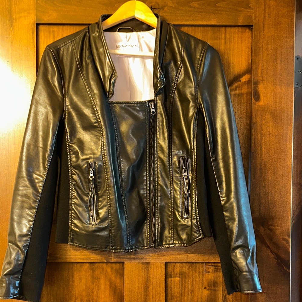 We The Free Shiny Black Leather Moto Jacket